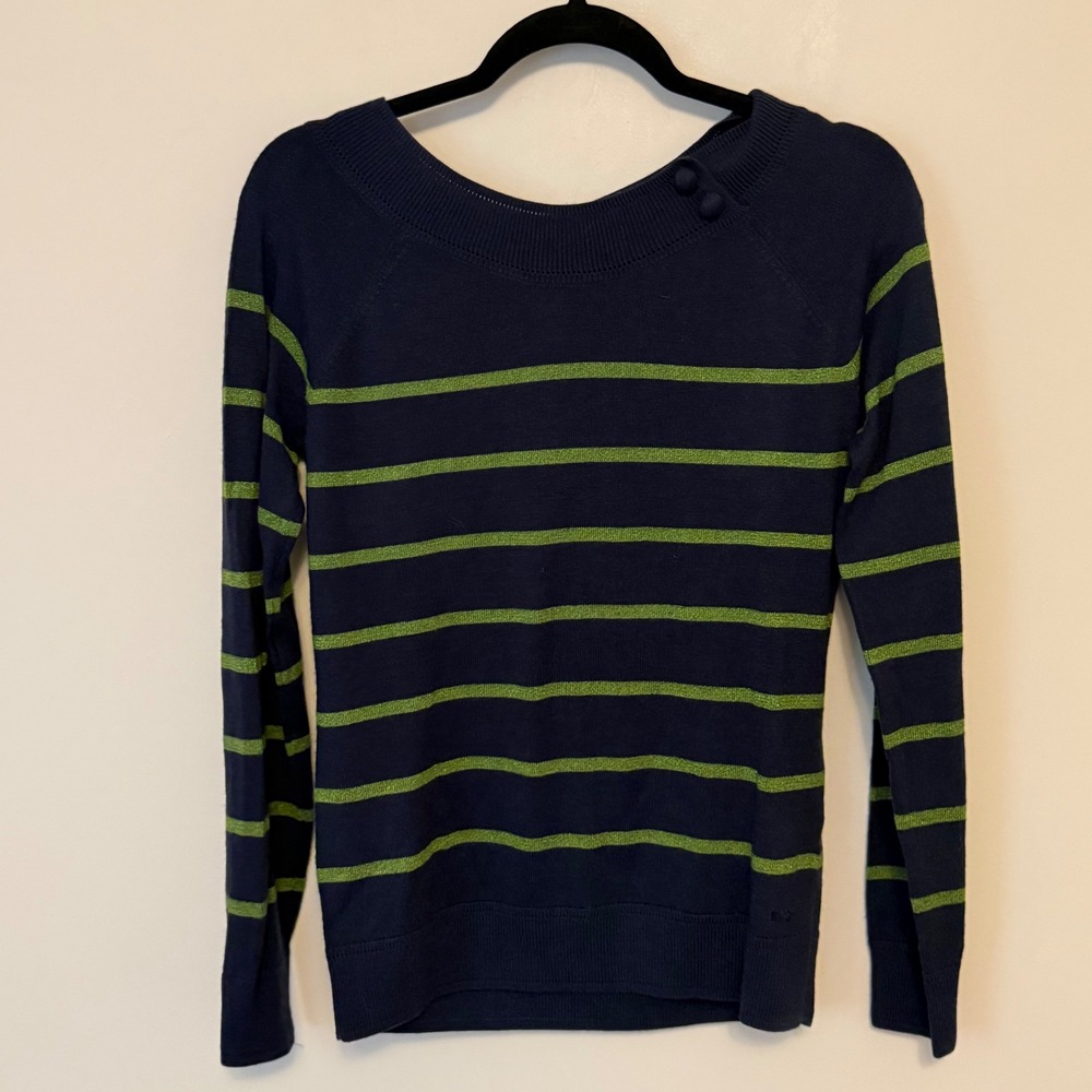 Vineyard Vines Navy Blue Lime Green Striped Merino Wool Boat Neck Sweater Size M